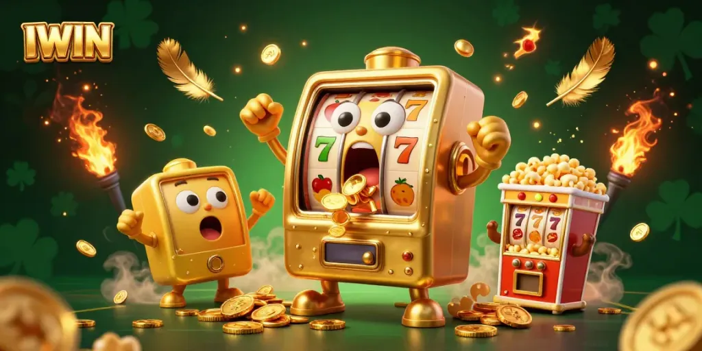 IWIN slot machine hits the jackpot with coins spilling out, surrounded by cheering mini slot machines.