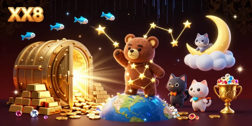 Engage with the magical world of XX8, where a constellation bear collects coins in a vivid casino setting.