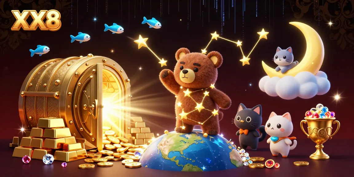 Engage with the magical world of XX8, where a constellation bear collects coins in a vivid casino setting.