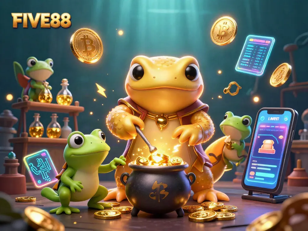 Experience the thrill of FIVE88 with golden salamanders and crypto elements in this dynamic casino scene.