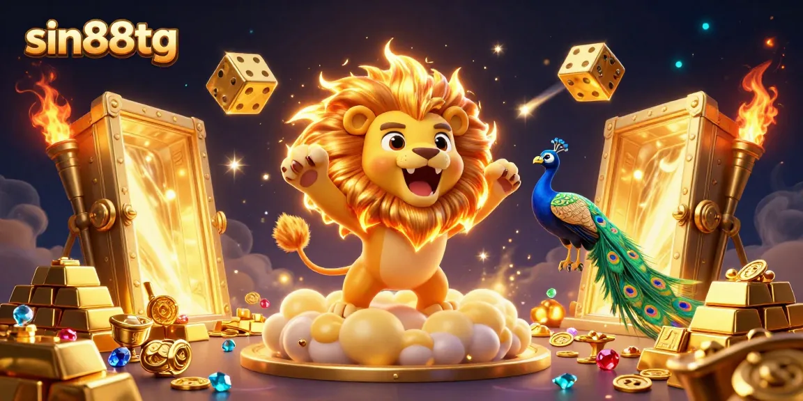 Engage with sin88tg, featuring a roaring sun lion amid golden treasures, cosmic dice, capturing thrilling online casino excitement.