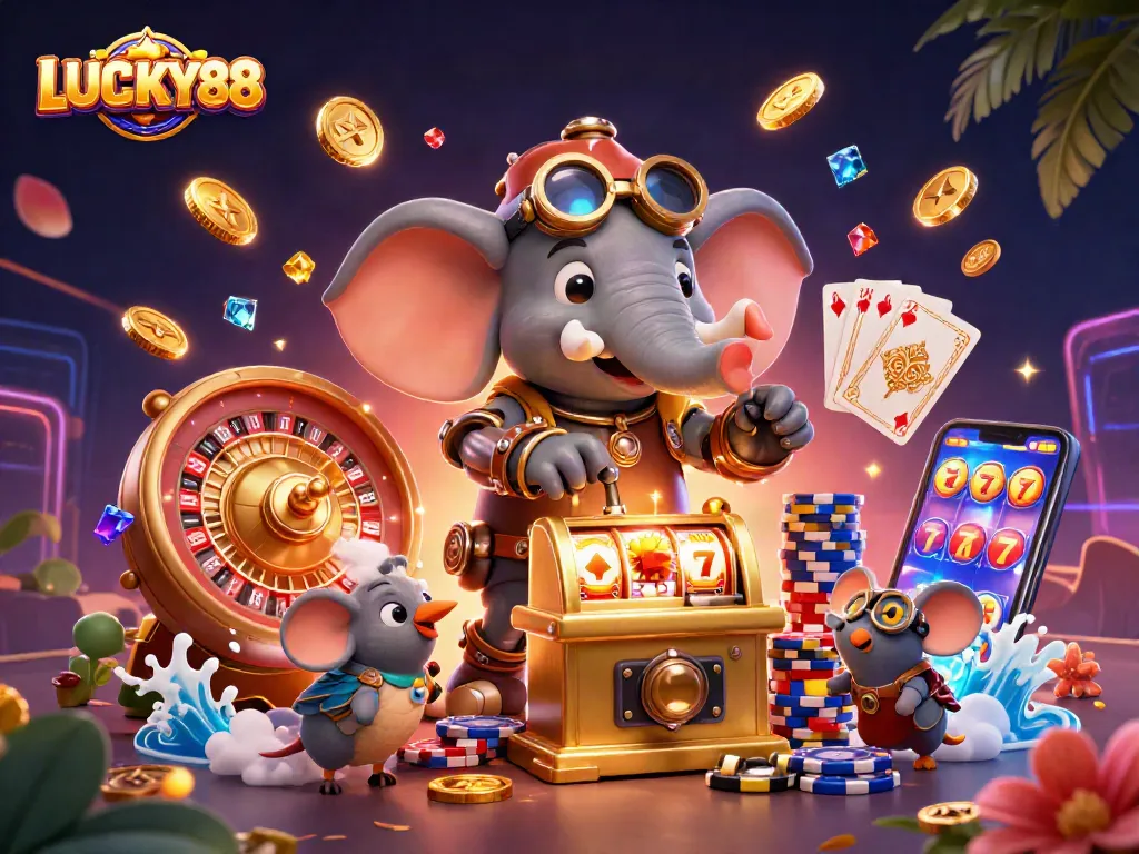 Engage with LUCKY88 slot excitement through a vibrant, dynamic 3D illustration.