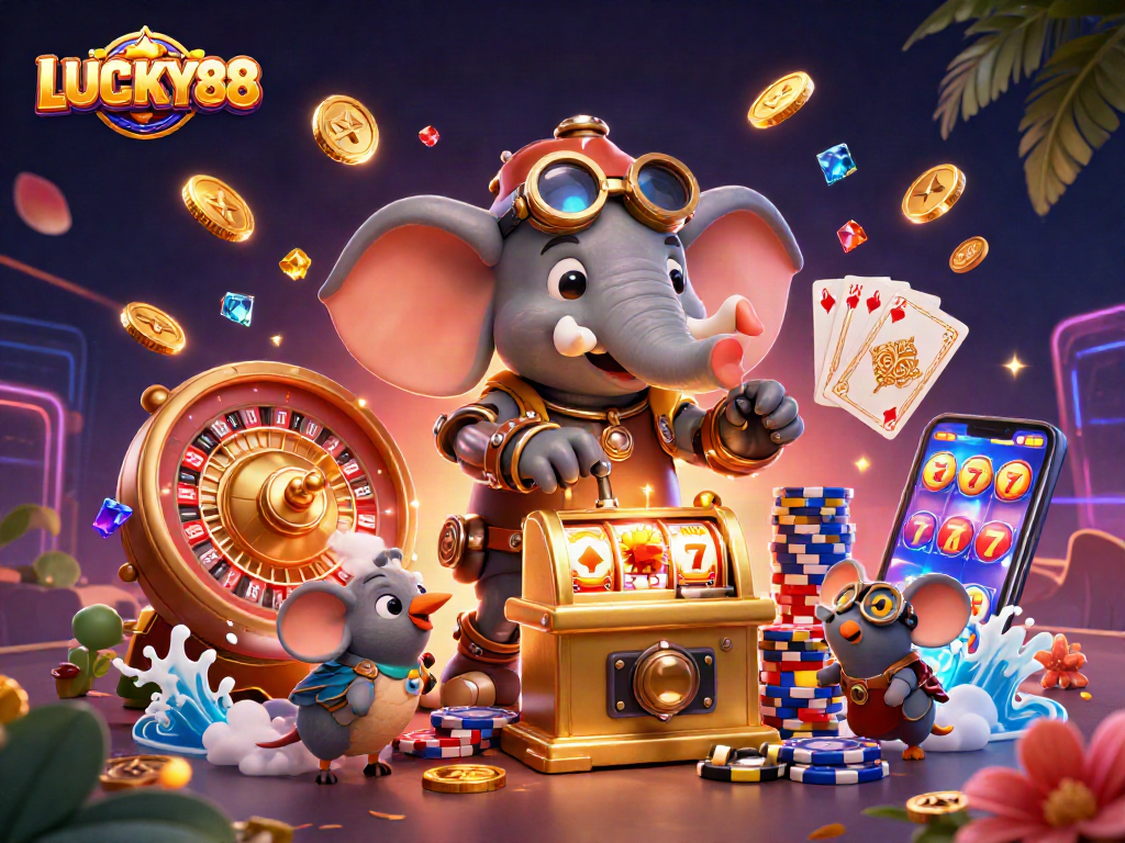 Engage with LUCKY88 slot excitement through a vibrant, dynamic 3D illustration.