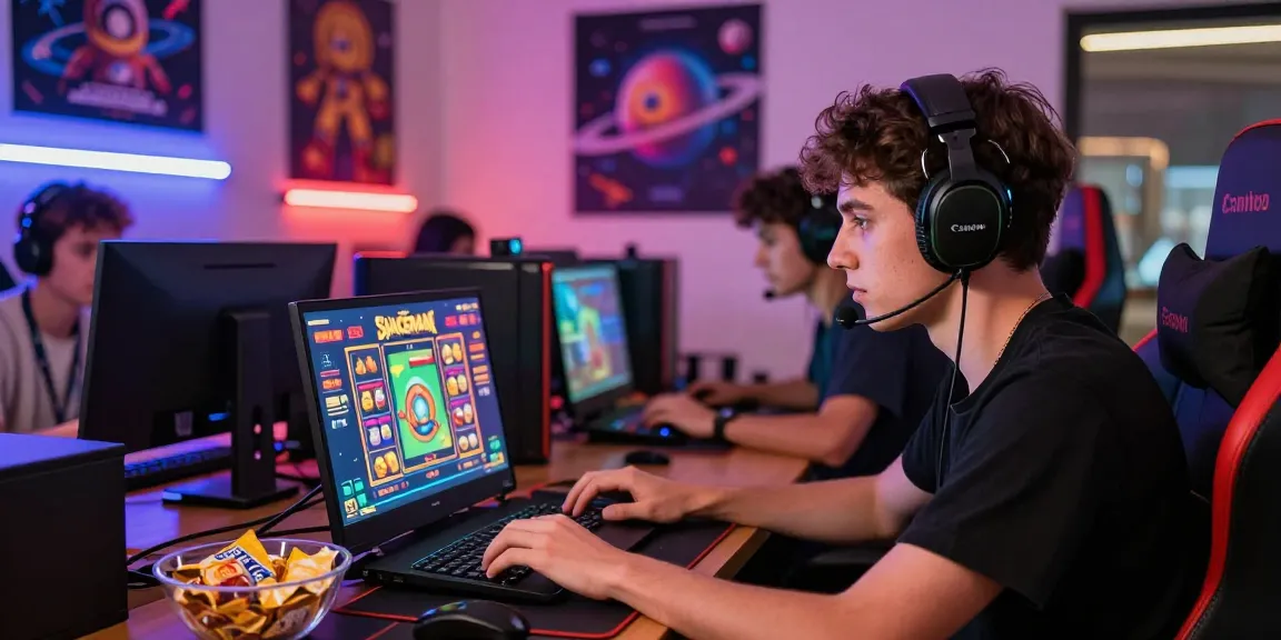 Pengguna serius memainkan slot Spaceman dengan laptop, headset, dan suasana permainan yang penuh semangat.