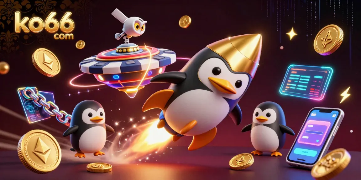Experience ko66 com with a thrilling 3D cartoon of a golden penguin in space, heading for a casino!