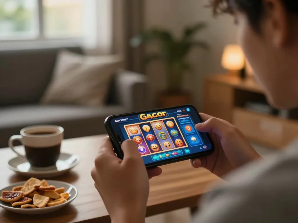 Engaging slot gacor gaming experience on smartphone, with snacks and coffee in a cozy home setting.