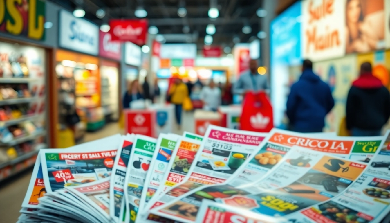 Engaging display of Canadian Flyers showcasing vibrant promotions and deals in a retail environment.