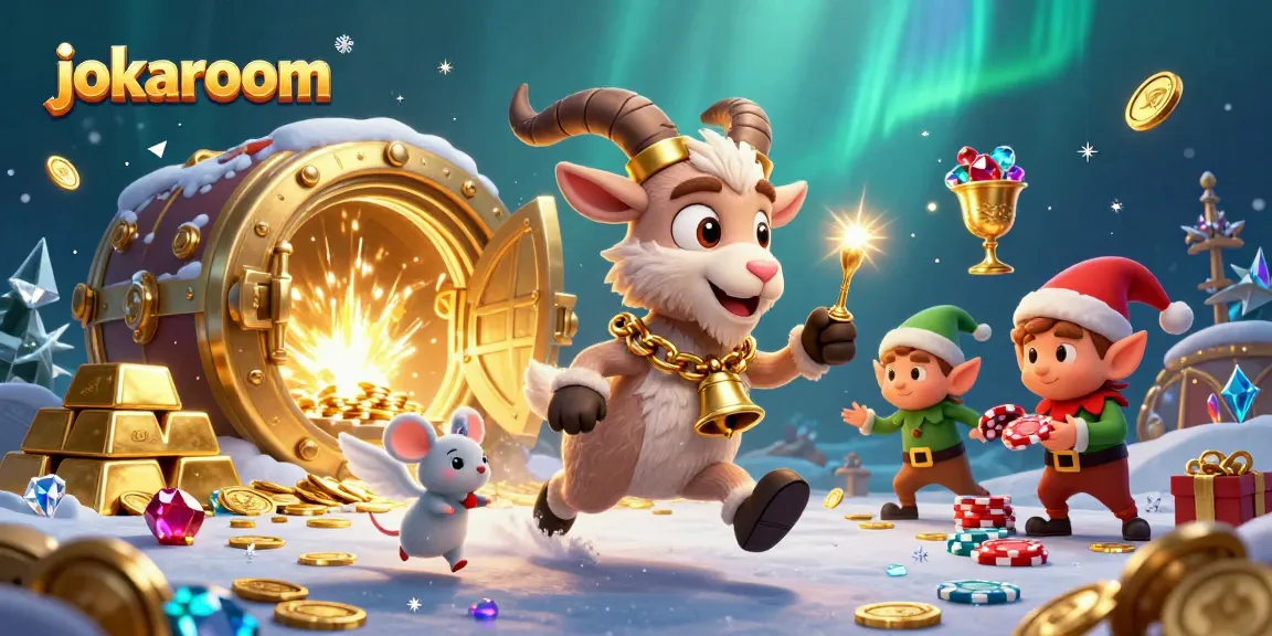 Play thrilling pokies with jokaroom, featuring a festive casino scene filled with treasures.