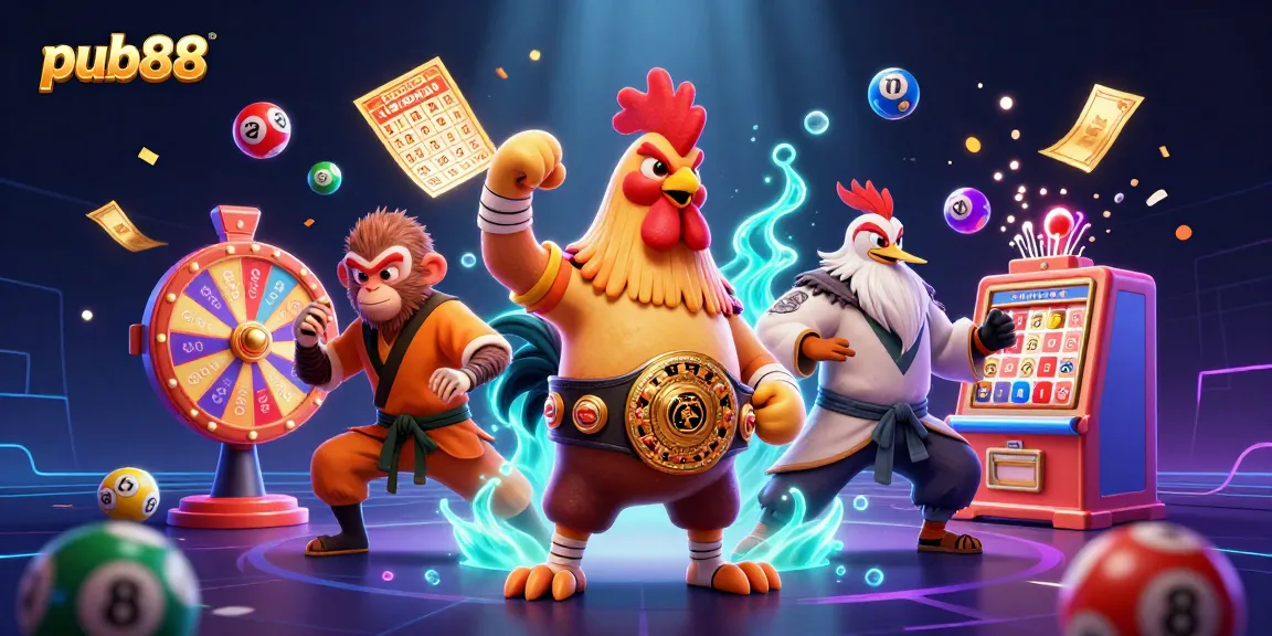 Experience excitement with pub88's dynamic casino scene featuring colorful lottery elements and captivating characters.