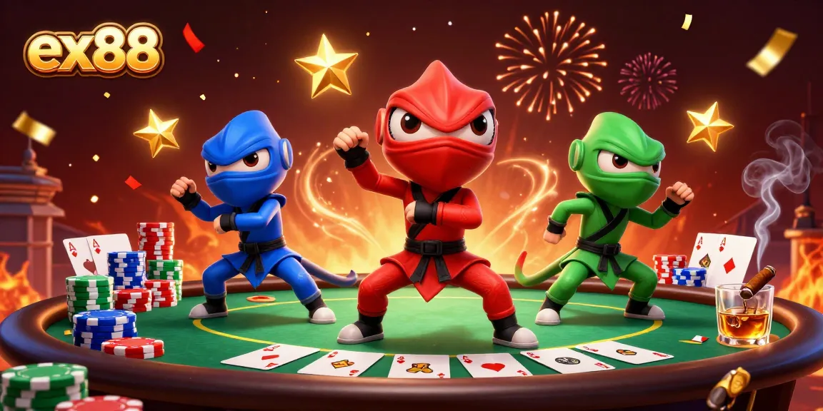 Engage with ex88's vibrant casino scene featuring ninja chameleons and dynamic poker elements.