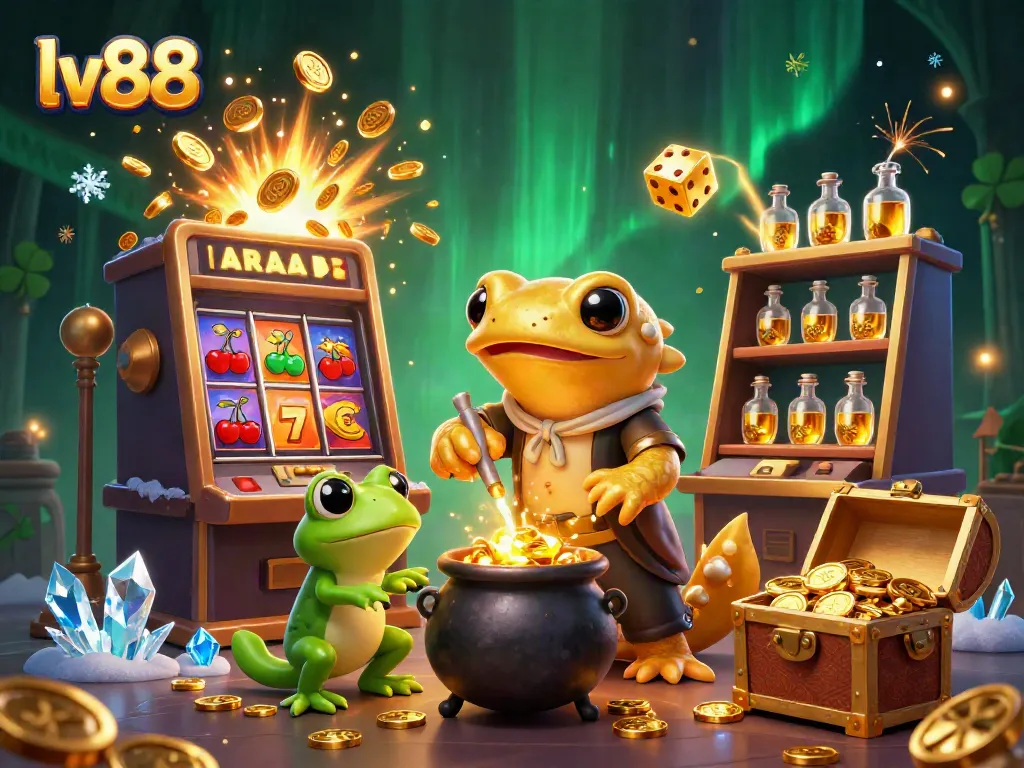 Experience excitement with lv88 in this vibrant, action-packed online casino illustration featuring a golden salamander alchemist at work.
