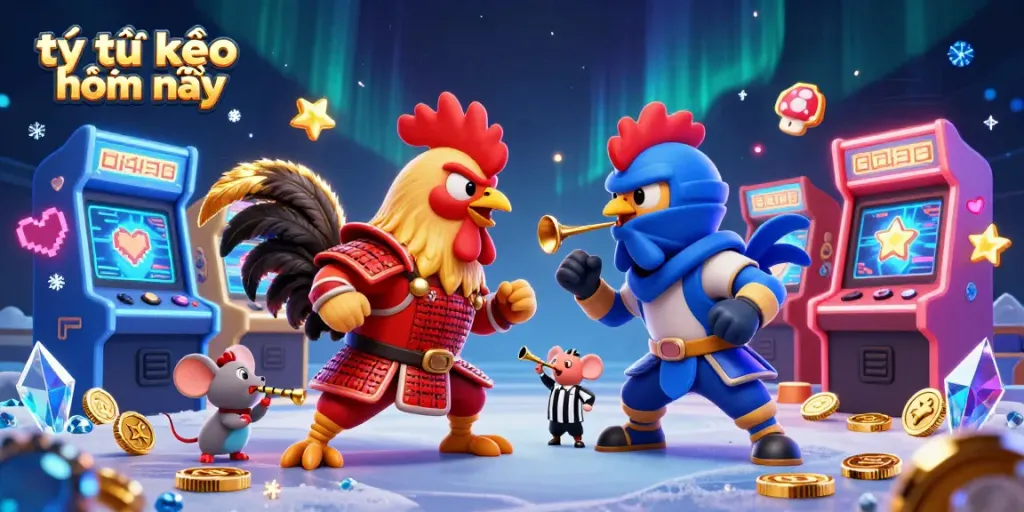Bettors notice today's tỷ lệ kèo nhà cái hôm nay with dynamic fighting roosters in a gaming arena.