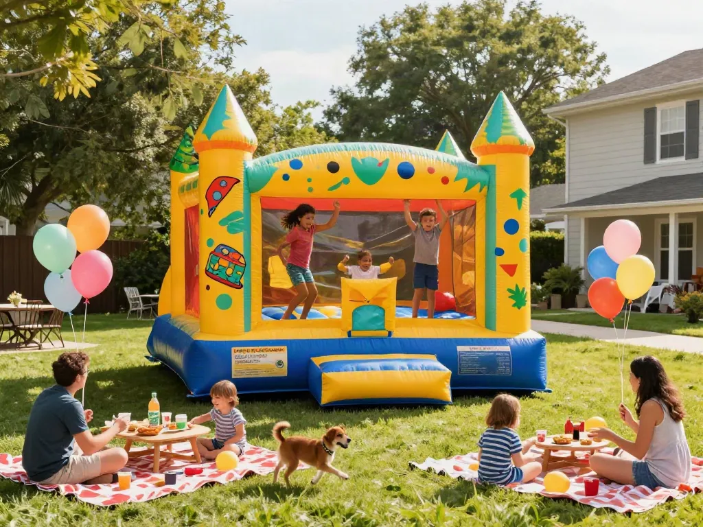 Children enjoying a colorful bounce house in a sunny backyard.