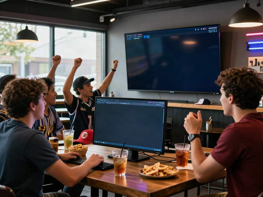 Friends enjoying sports at a bar with Streek Sportsbook Canada app displayed.