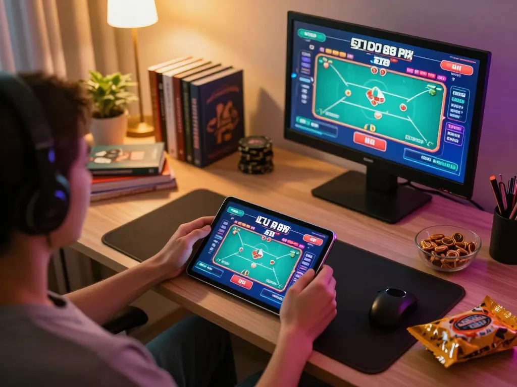 Engaging with LU 88 online poker gameplay, showcasing vibrant interface and personal gaming setup