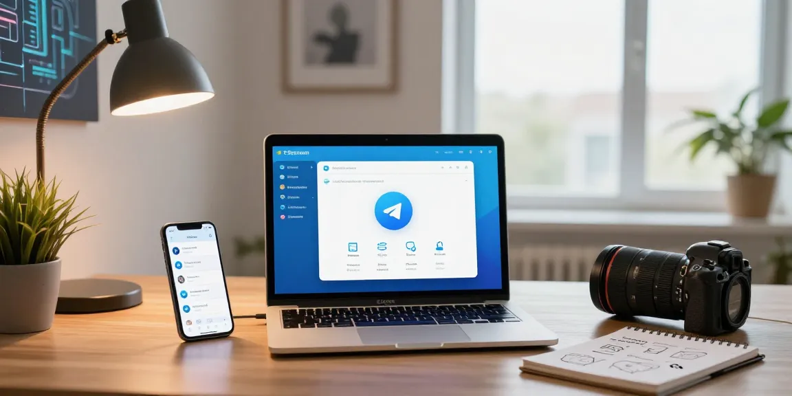 Explore Telegram download on a laptop in a vibrant digital workspace with lively chat notifications and a modern desk setup.