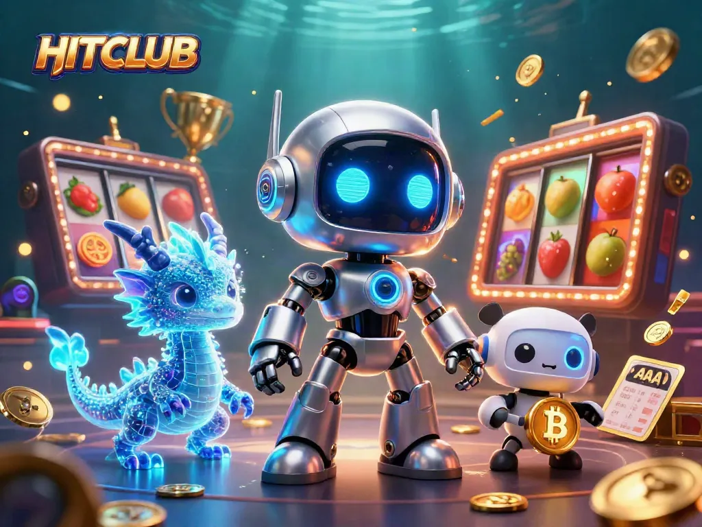 Experience HITCLUB excitement with a vibrant 3D casino illustration featuring dynamic slot reels and characters.