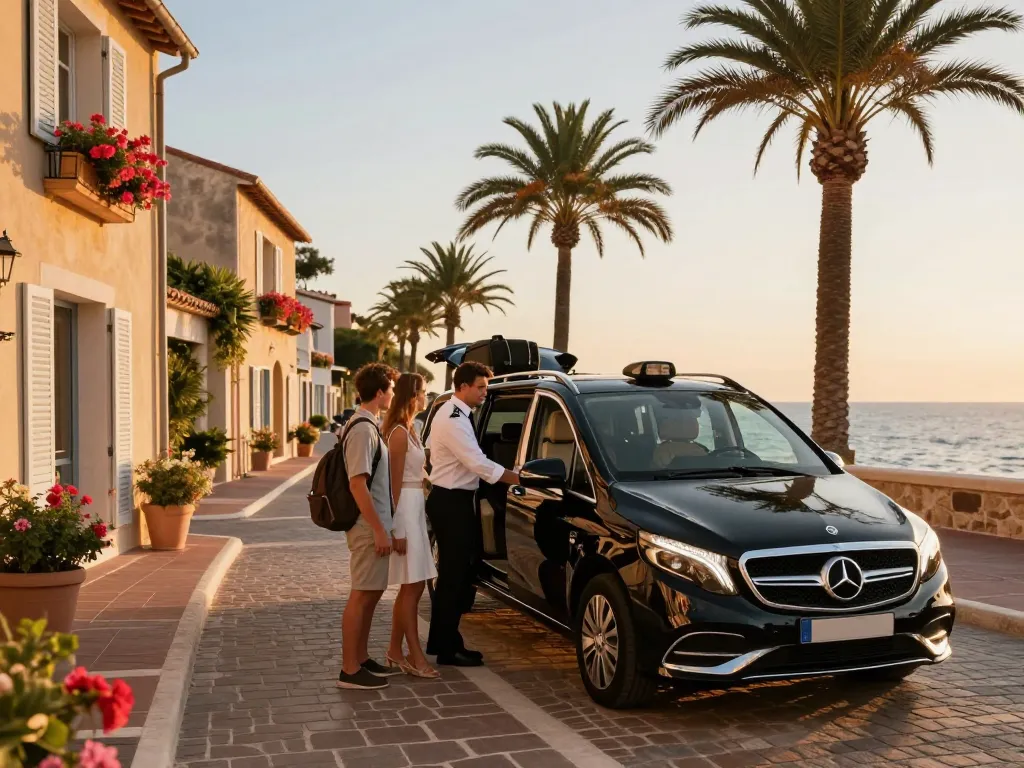Taxi Saint-Tropez avec un chauffeur professionnel aidant des passagers, élégante Mercedes garée dans une rue charmante.