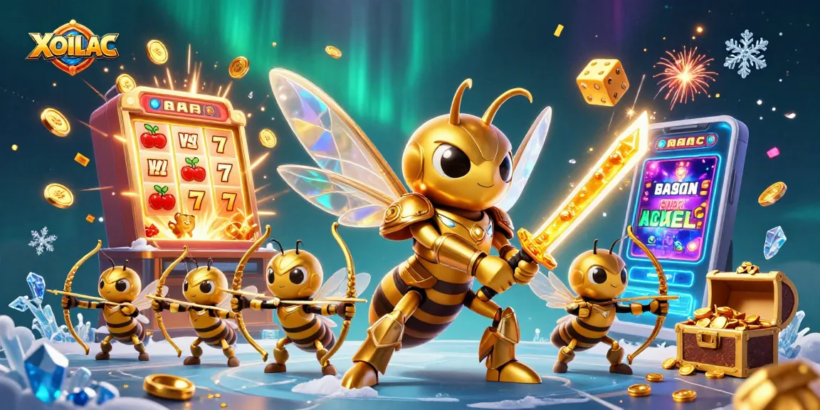 Experience XOILAC's thrilling gaming scene with vibrant golden hornet warriors amidst a jackpot explosion.