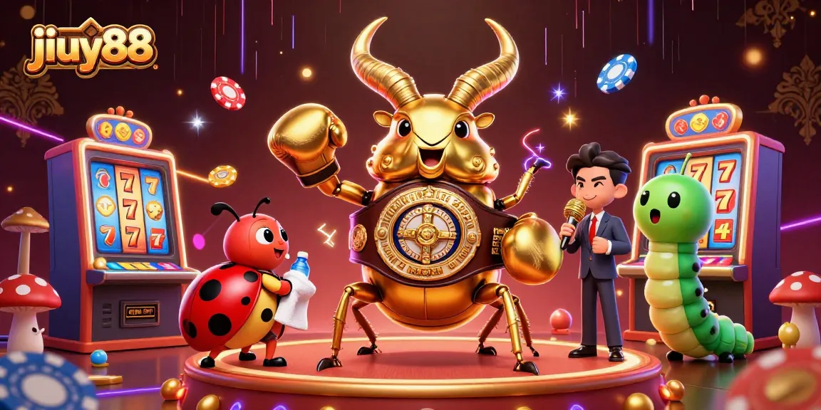Engage with jiuy88's vibrant casino scene featuring a golden beetle and colorful slot machines.