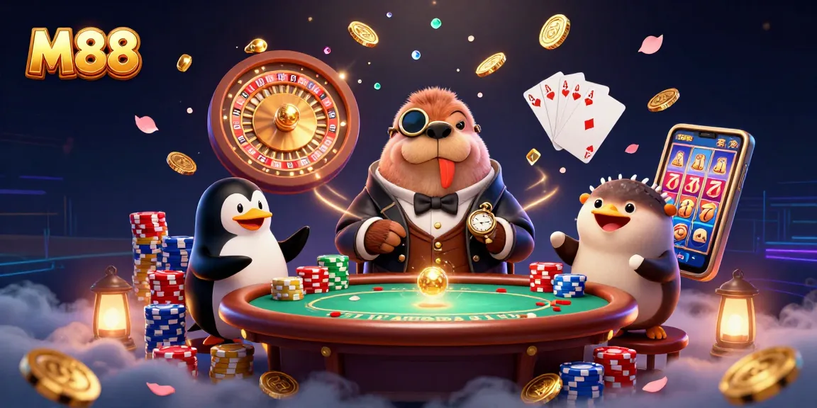M88 showcases poker fun underwater with a walrus, penguin dealer, and pufferfish bluffer.