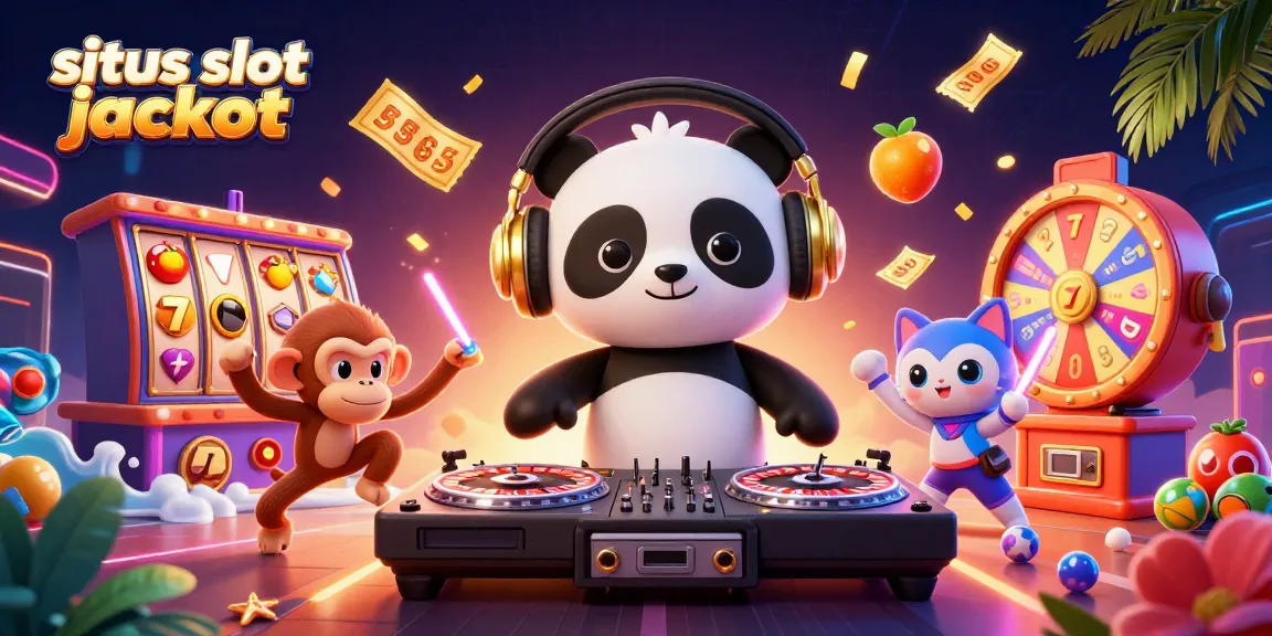 Experience situs slot jackpot excitement with a vibrant 3D scene of a DJ panda, dancing monkey, and glow-stick kitten.