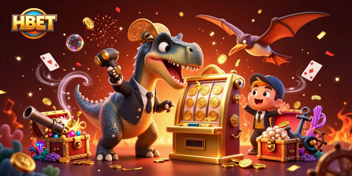 HBET features a dinosaur winning a jackpot, showcasing the excitement of online gaming with coins flying.