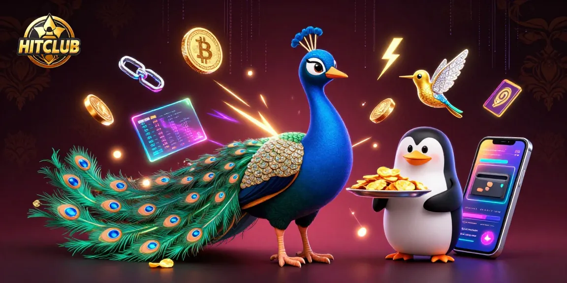 Engage in HITCLUB gaming with vibrant 3D casino characters and crypto elements.