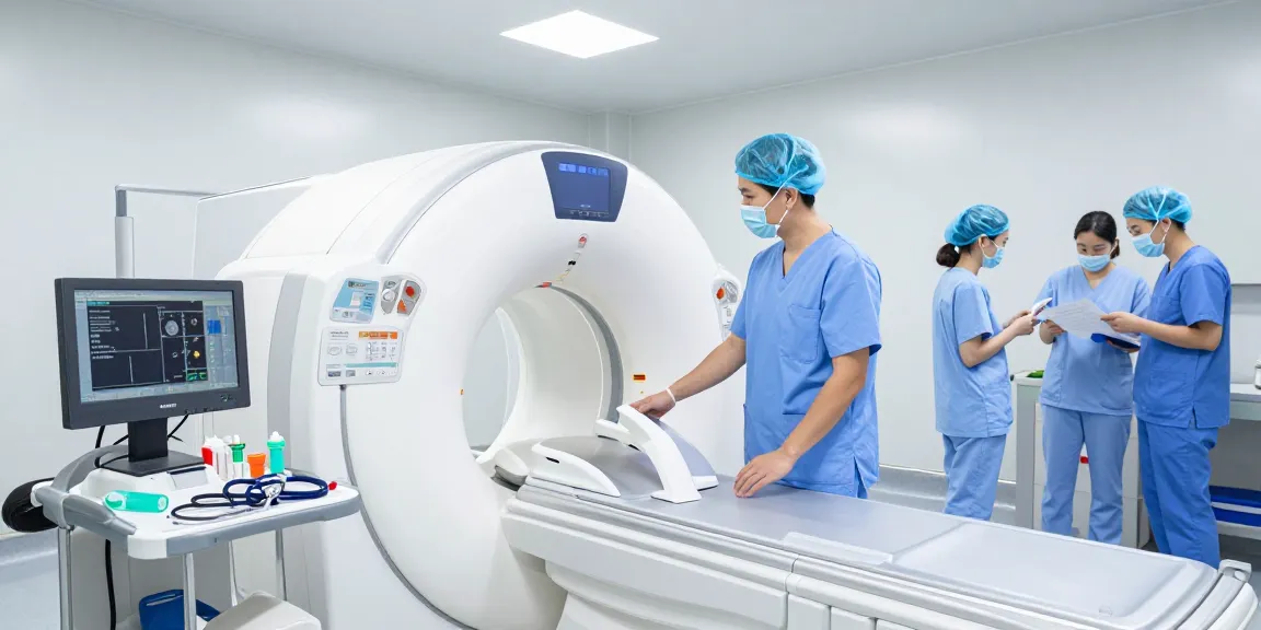 Equipment Medical expert inspecting diagnostic machines in a clinical environment.