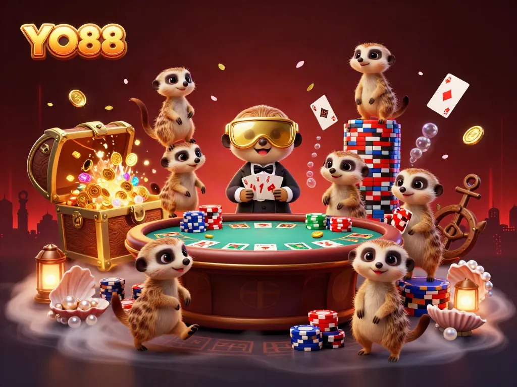 Engage with YO88's vibrant casino scene featuring meerkats running card games and winning big
