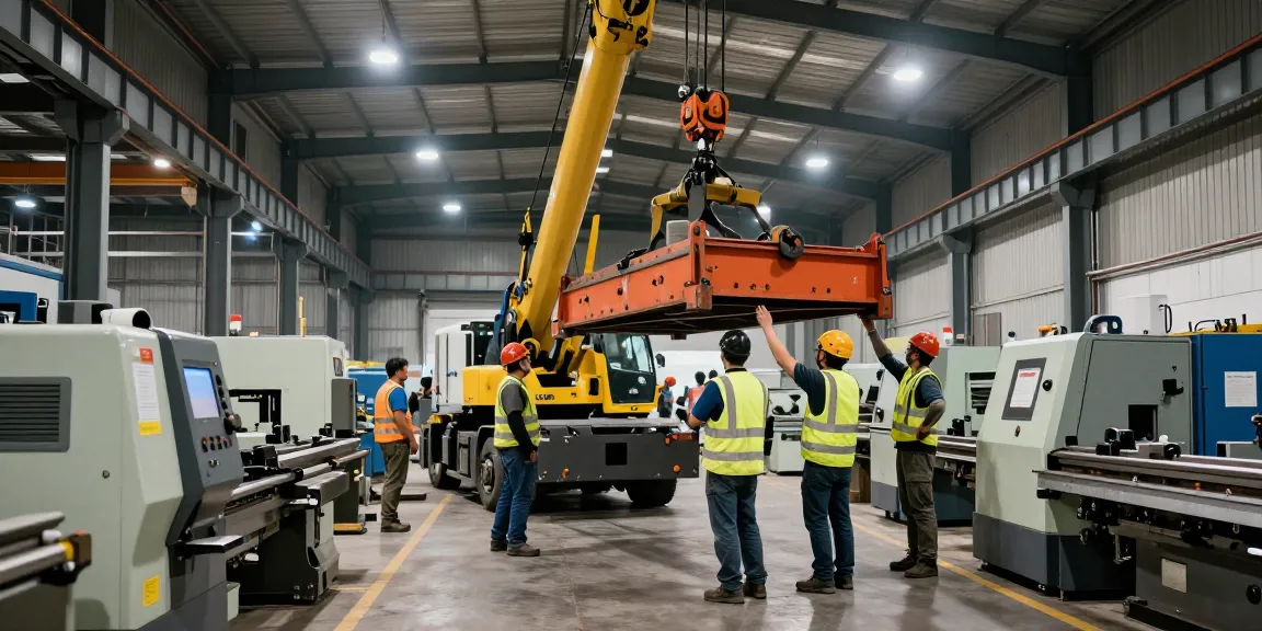 Machinery Movers team safely relocating heavy industrial equipment in a bright warehouse