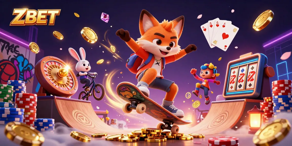 ZBET brings excitement with a skateboarder fox and BMX rabbit amidst a vibrant casino scene full of glittering coins.