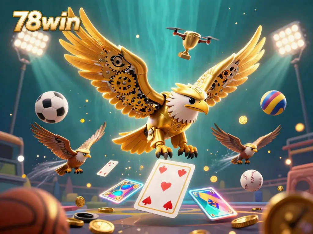 Experience thrilling sports betting with the energetic scene of 78win featuring golden eagle, sports balls, and glowing betting slips.