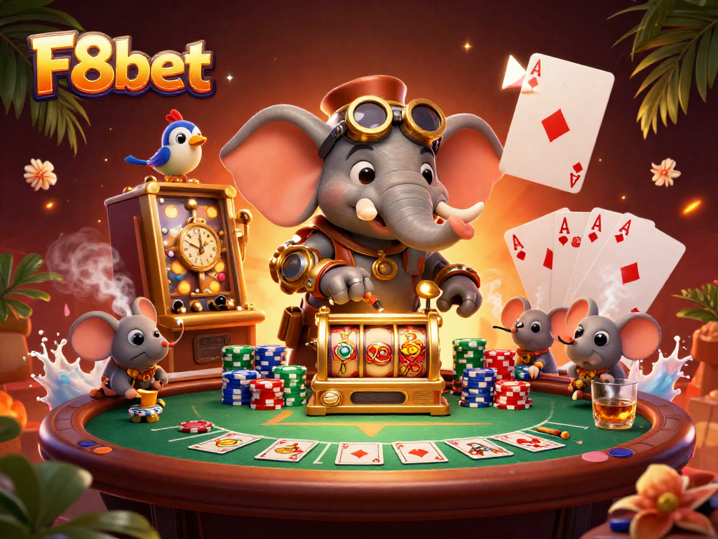 Experience immersive gaming at F8bet with a whimsical steampunk elephant operating a slot machine.