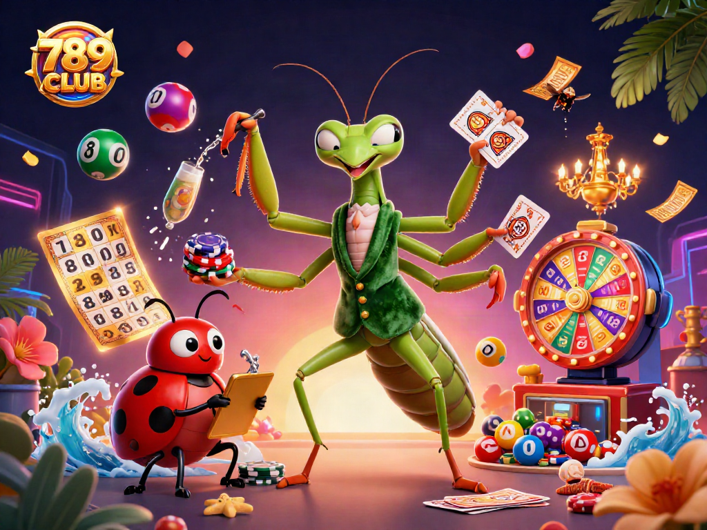 789CLUB showcases a vibrant casino scene with colorful lottery elements and a whimsical character ensemble.