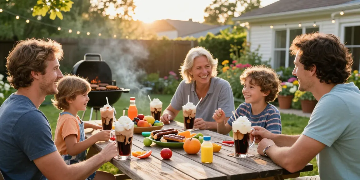 Root beer floats being enjoyed at a joyful barbecue gathering in a sunny backyard.
