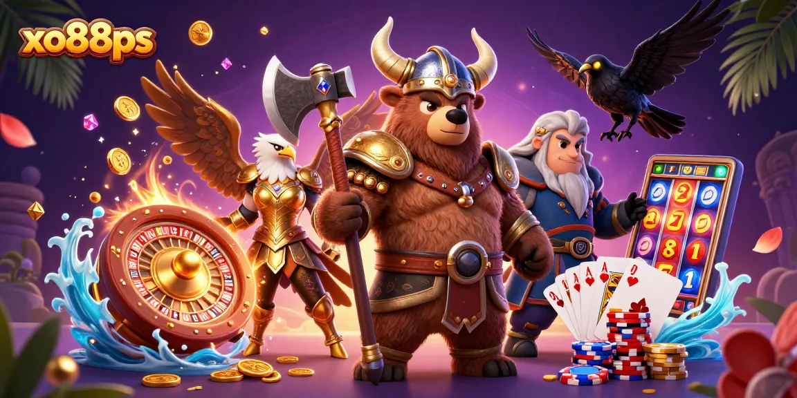 Win big at xo88ps with our exciting Viking and Valkyrie-themed casino adventure illustration rich in gaming elements.