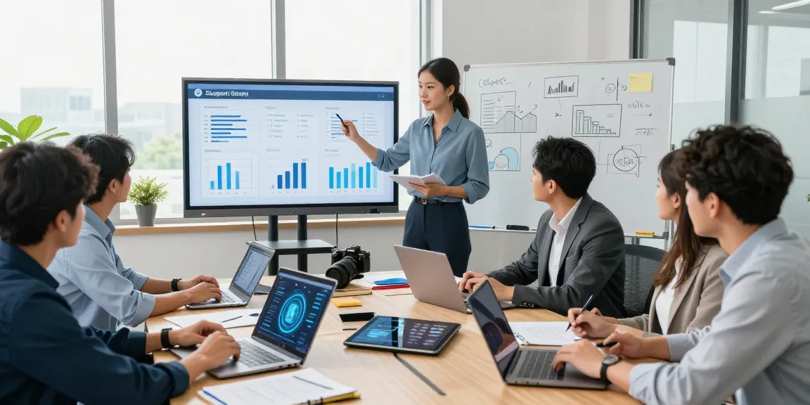Business IT support meeting with diverse team discussing strategies, analytics visible on screen and collaborative atmosphere.
