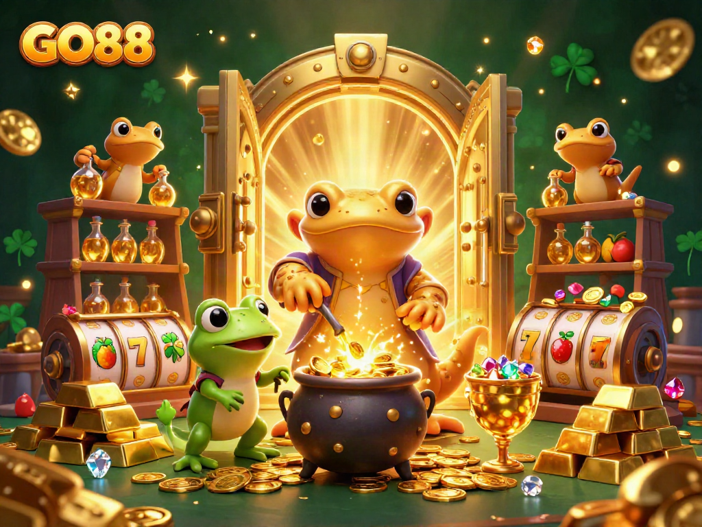 Experience GO88's magical casino adventure with treasures and slot games in a vibrant alchemist scene.
