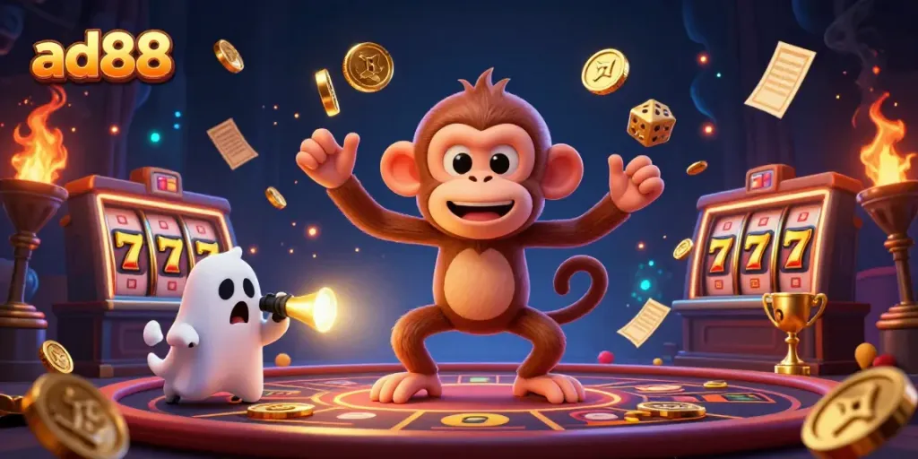 Experience thrilling gameplay at ad88 with a poltergeist monkey juggling casino treasures, capturing the excitement of online gambling.