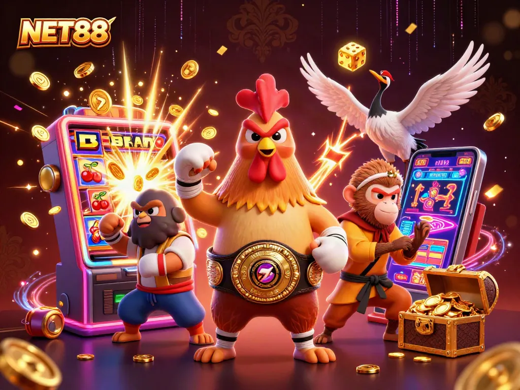 Action-packed illustration of NET88 featuring vibrant characters and casino elements for an engaging gambling experience.