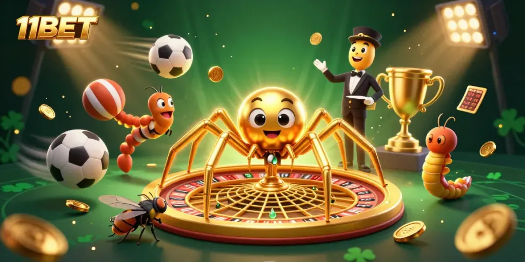 Experience thrilling bets with 11BET in an ultra-detailed casino illustration featuring vibrant action.