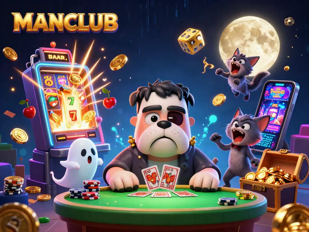 Experience the thrill of MANCLUB with a spooky casino scene featuring unique characters and vibrant gambling elements.