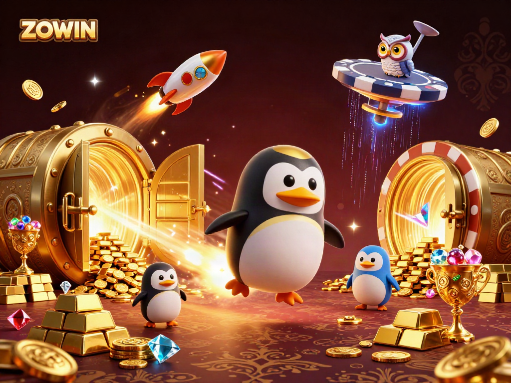 ZOWIN excitement captured by a golden penguin and casino elements in a vibrant 3D scene