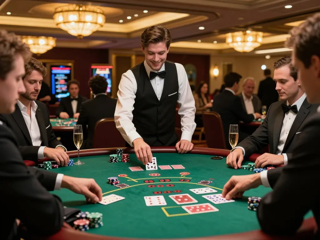 Players engage at a lively blackjack table at a casino, showcasing keonhacai strategy in action with bets placed.