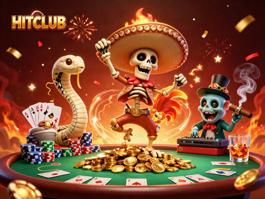 HITCLUB players celebrate winnings with vibrant casino visuals and dynamic game elements.