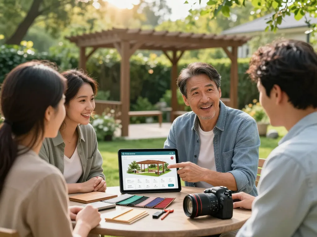 Couple interacting with a designer using Pergola Sales Software to visualize custom outdoor structures in a garden.