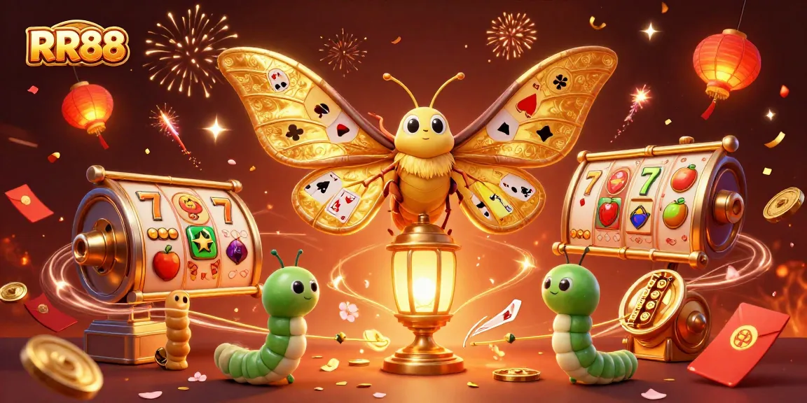 RR88 offers an exhilarating gaming experience with vibrant casino elements and a charming moth mascot.
