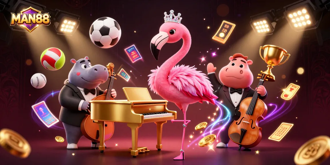 Experience excitement at MAN88 with a vibrant casino scene featuring a flamingo singer and hippo bassist.