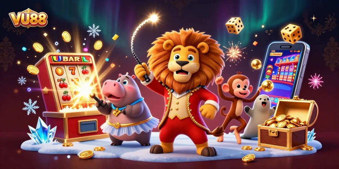 Engage in thrilling gaming adventures at VU88 with vibrant illustrations of circus characters and dynamic casino elements.